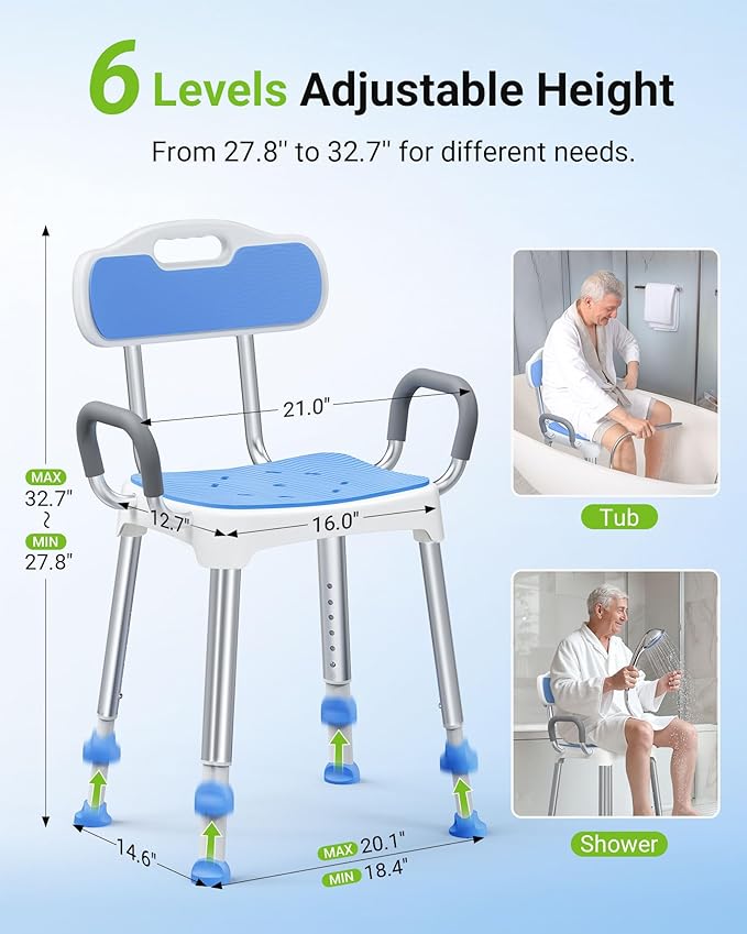 Widened Shower Chair for Inside Shower with Padded Back & Arms,400 lbs Heavy Duty & Adjustable Shower Chair for Elderly and Disabled, Non-Slip Shower Seat, Bath Chair for Tub