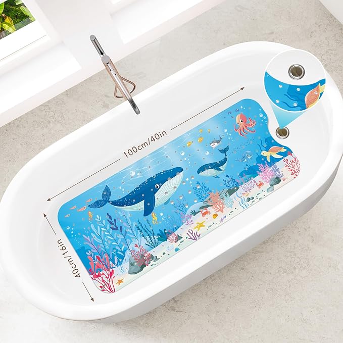 SHUCHING Baby Bath Mat for Tub Non Slip-40 X 16 Inch, Extra Long Kids Bathtub Mat Non Slip, Toddler Shower Mat for Bathroom, Whale