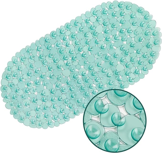 WELTRXE Pebbles Bathtub and Shower Mat Non Slip, Oval Bath Mats for Bathroom Tub Washable with Suction Cups, Drain Holes, BPA Free, 27 x 14 Inch, Dark Green