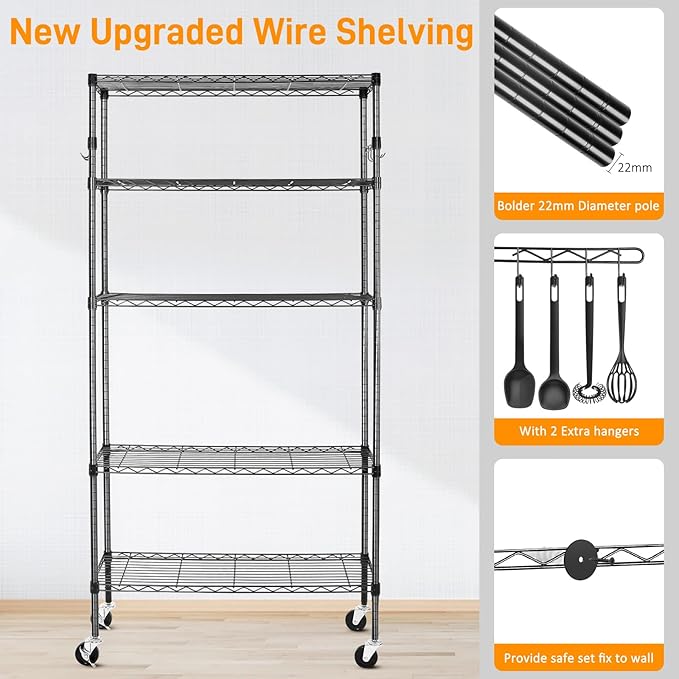 5 Tier Storage Shelves with Wheels, 1750lbs Capacity Heavy Duty Shelving Units, 14x36x75inch Adjustable Metal Shelf Wire Shelving Rack for Garage, Kitchen, Office, Black