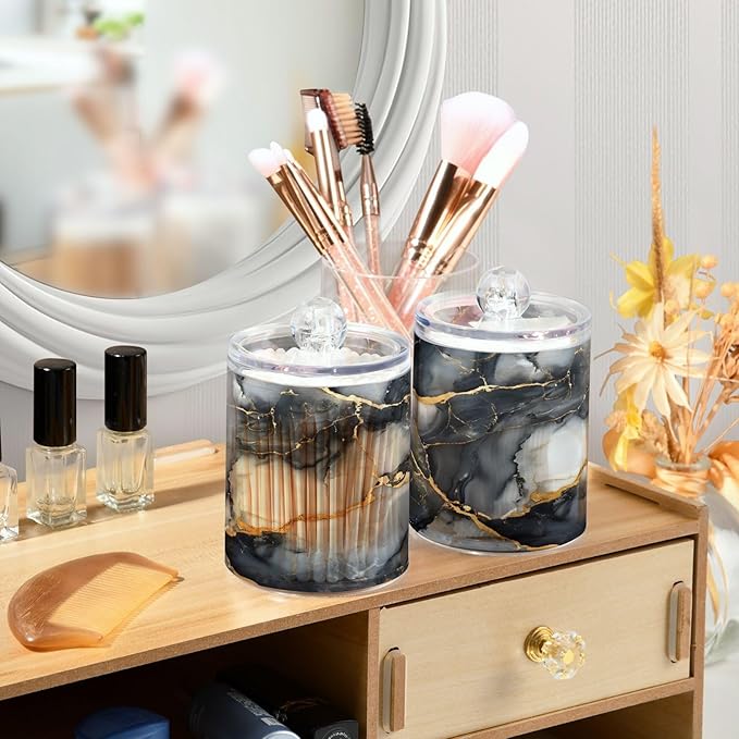 MNSRUU 4 Pack Qtip Holder Organizer Dispenser Abstract Black White Gold Marble Bathroom Containers Bathroom Vanity Storage Canister Apothecary Jars for Cotton Swabs/Pads/Floss