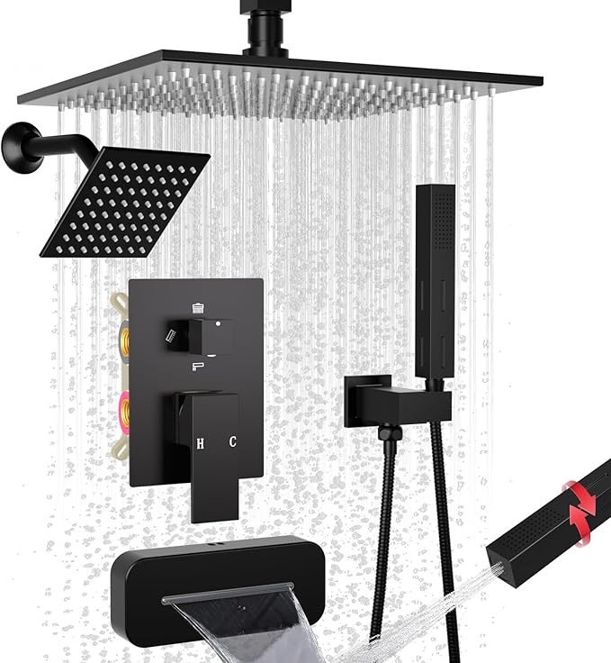 ENGA Shower System with Tub Spout, Bathtub Shower Faucet Combo Set - 10" & 6" Square Rain Shower Heads with 2 in 1 Handheld Spray, 4 Way Water Diverter, Matte Black