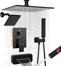 ENGA Shower System with Tub Spout, Bathtub Shower Faucet Combo Set - 10" & 6" Square Rain Shower Heads with 2 in 1 Handheld Spray, 4 Way Water Diverter, Matte Black