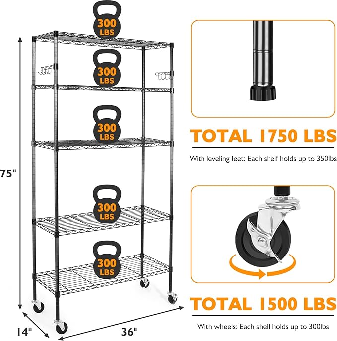 5 Tier Storage Shelves with Wheels, 1750lbs Capacity Heavy Duty Shelving Units, 14x36x75inch Adjustable Metal Shelf Wire Shelving Rack for Garage, Kitchen, Office, Black