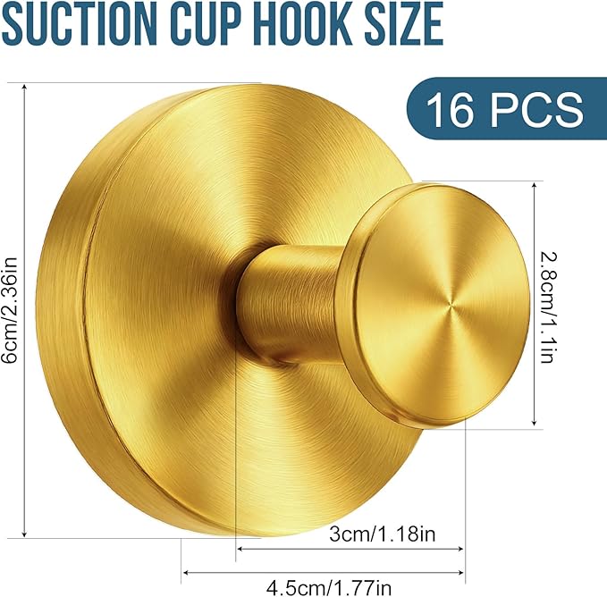 Suction Cup Hook for Shower, 16 Pack Wall Mount Towel Holder, Removable Towel Hook - Stainless Steel No Drill Hook for Bathroom Window Glass Door Wall Home Kitchen Gold