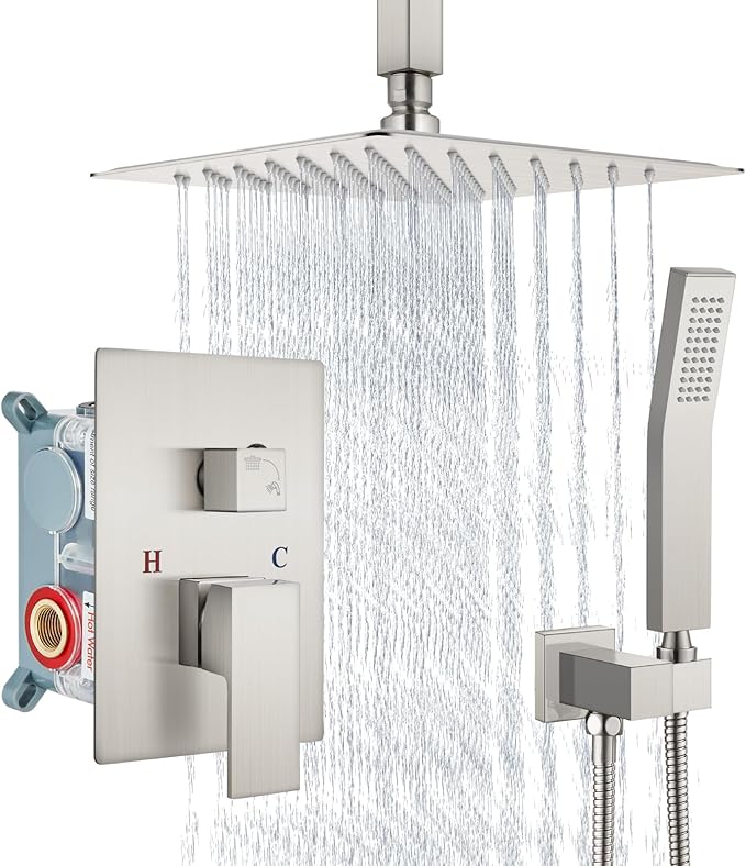 Aolemi Ceiling Mount Shower System Rain Shower Head with Handheld Spray High Pressure Shower Faucet Set Rough-in Valve Shower Trim Kit Included Bathroom Brushed Nickel 8 Inch Ceiling Shower Head