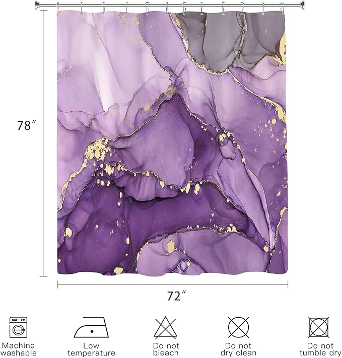 Long Shower Curtain 72 x 78 Inch, Tall Abstract Marble Shower Curtains for Bathroom Decor, Modern Luxury Art Decor Ink Texture Fabric Shower Curtain Set with Hooks, Purple