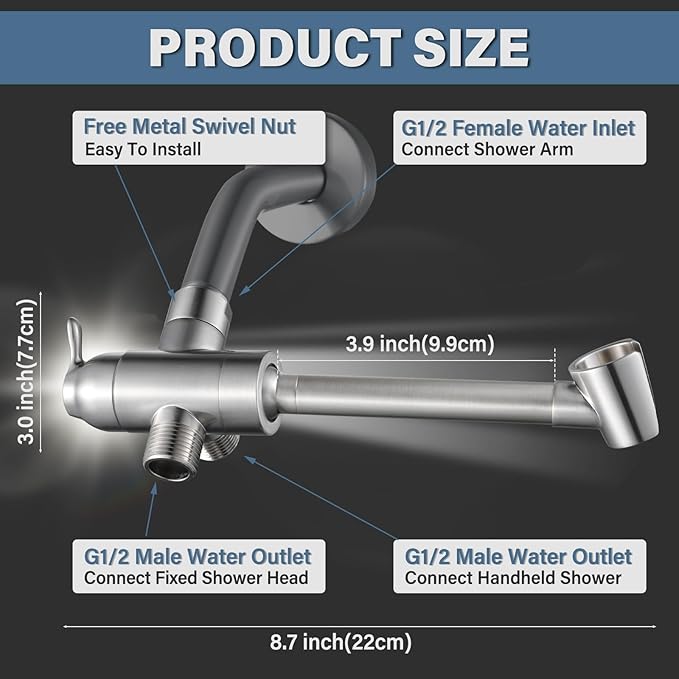 All Metal Shower Diverter Valve with Handshower Holder, YDmeet Upgraded 3 Way Shower Head Diverter for Handheld and Fixed Rain Showerhead, Universal G1/2 shower Diverter Bathroom Part, Brushed Nickel