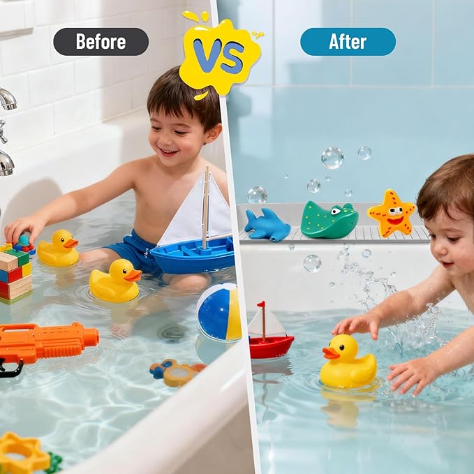 Splash Guard for Bathtub Kids, Longer Silicone Bathtub Splash Guard with 11 Suction Cups, Bath Tub Play Shelf for Kids & Toy Holder, Prevent Water Spill in Bathroom, Grey