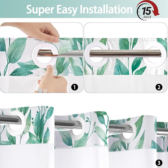 No Hook Shower Curtain and Liner Set, Teal Eucalyptus Floral Shower Curtains for Bathroom, Bath Curtain Sets with Snap in Liner, Waterproof with See Through Top Window, 71x84 Inches