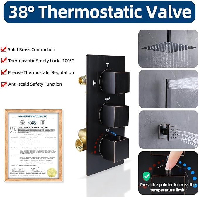 HOMEDEC Brass 3 Way Shower Diverter Valve, Thermostatic 3 Handle Control Shower Mixing Valve Trim Kit Replacement, Rough In, Oil Rubbed Bronze