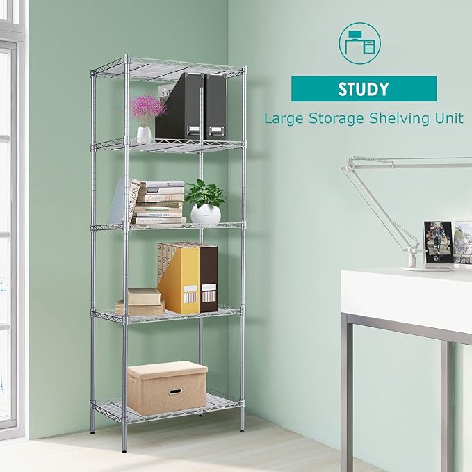 BNSPLY 5 Tier Wire Shelving Unit, Adjustable Wire Rack Shelving, Changeable Metal Wire Storage Shelves for Kitchen, Laundry, Bathroom, Balcony, Pantry (11.4" D x 21.3" W x 59" H, Silver)