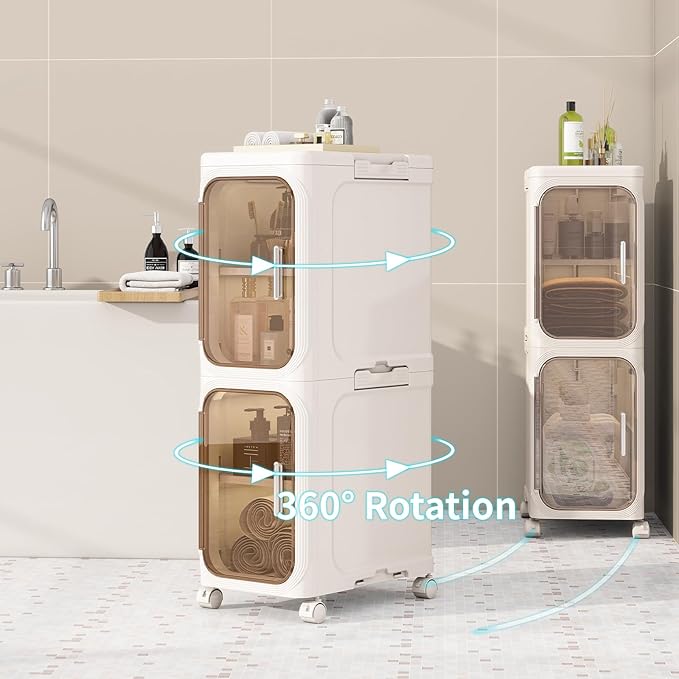 KHNR 4-Tiers Slim Bathroom Storage Cabinet, Foldable Storage Cabinets,Narrow Bathroom Storage,Movable Bathroom Storage Organizer for Small Spaces,Bathroom,Kitchen,Laundry,Cream White