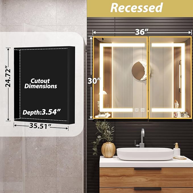 APRILSOUL 36X30 Inch Gold Bathroom Medicine Cabinet with Mirror, Recessed or Surface Lighted Medicine Cabinet with 3 Colors Temperature, Dimmable Light