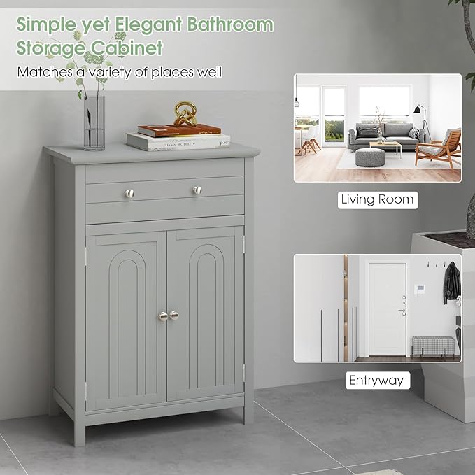 LOKO Bathroom Floor Cabinet, Kitchen Storage Cabinet with 1 Drawer, 2 Doors & 3-Position Adjustable Shelf, 2-Door Floor Storage Cabinet for Bathroom, Living Room, Entryway (Grey)