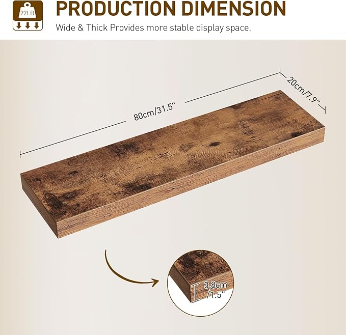 Floating Shelves for Wall, 1.5" Thick Wall Shelf Set of 4 with Invisible Brackets, 31.5 x 7.9W Hanging Shelves Farmhouse Home Decor for Bathroom, Living Room, Bedroom, Rustic Brown 8301BJP4BF