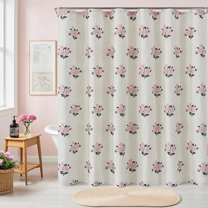 ORTIGIA Boho Pink Shower Curtains for Bathroom Linen Farmhouse Shower Curtain Set with Metal Hooks Block Print Floral Waterproof Aesthetic Rustic Fabric Bath Curtain for Home, Weighted, 72x72