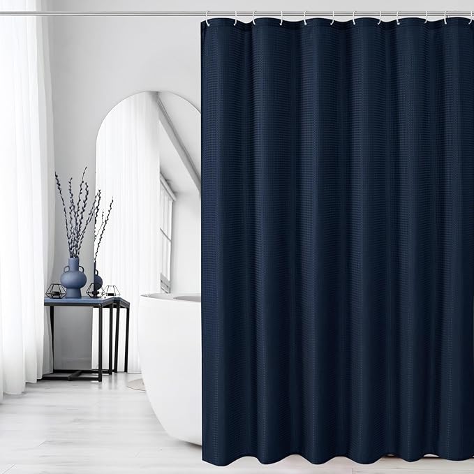 Gibelle Navy Blue Shower Curtain, Waffle Weave Textured Fabric Shower Curtain for Bathroom - Soft Cloth & Hotel Spa Luxury, Water Repellent, Machine Washable, 72X72, Navy Blue
