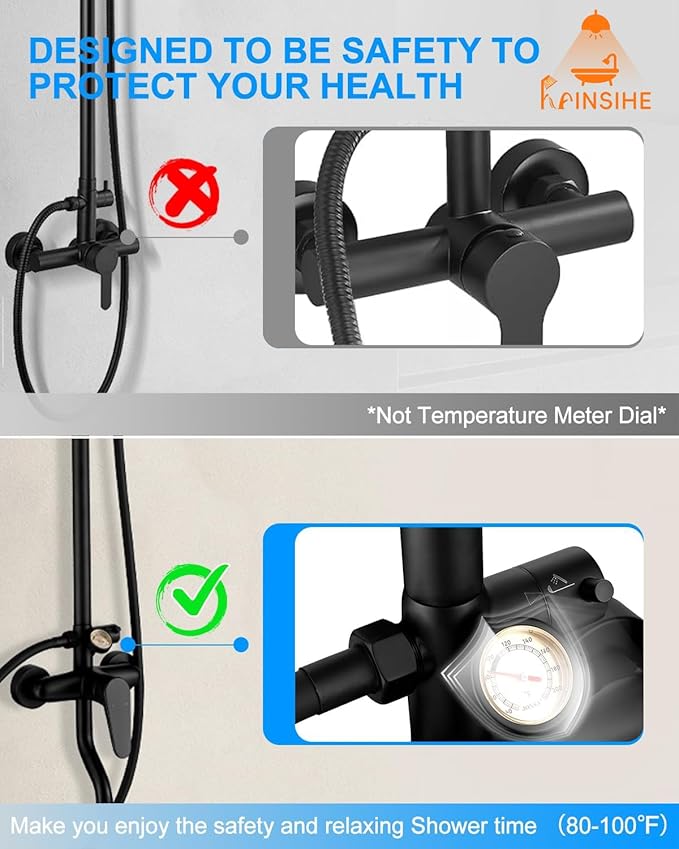 Outdoor Shower Fixture, Black Exposed Shower System with Tub Spout, Dial Thermometer Brass Valve, Wall Mount Outside Shower Faucet Combo with 10'' Rainfall Shower Head for Bath Backyard