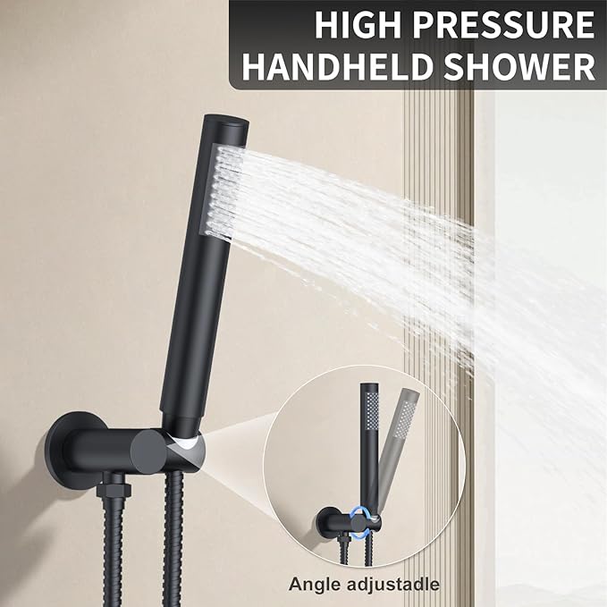 KOJOX 12-Inch Matte Black High-Pressure Shower System: Complete Set with Rainfall & Handheld Shower Heads, Wall-Mounted Mixer Faucet, Rough-In Valve, & Trim Kit for Bathroom