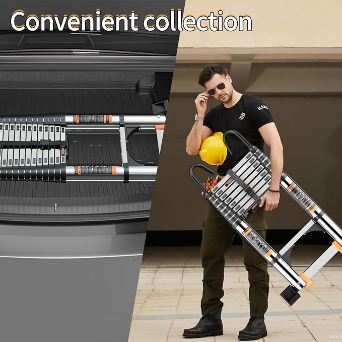 Telescoping Ladder,with Stable Hook and stabilizer barand,8.5FT Extension Ladder, Heavy Duty 330lbs Max Capacity, Multi-Purpose Collapsible Ladder for RV or Outdoor Work (2.6M/8.5FT)