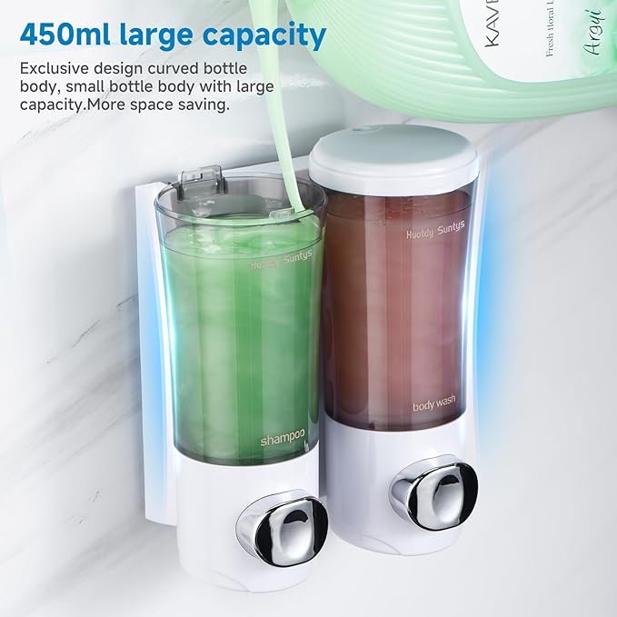 Shampoo and Conditioner Dispenser No Drill Shower Soap Dispenser Wall Mounted Shower Dispenser 2 Chamber with Upgrade Smooth Pump Head Bathroom Body Wash Soap Dispenser Set 450ml*2 White
