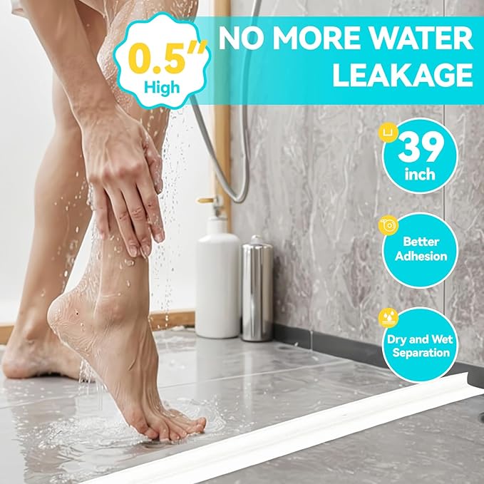 Shower Threshold Water Dam Barrier 39", Silicone Sealant Included, Collapsible Self-Adhesive Water Blocker, Shower Door Water Stopper for Floor Bathroom Kitchen Bathtub Sink