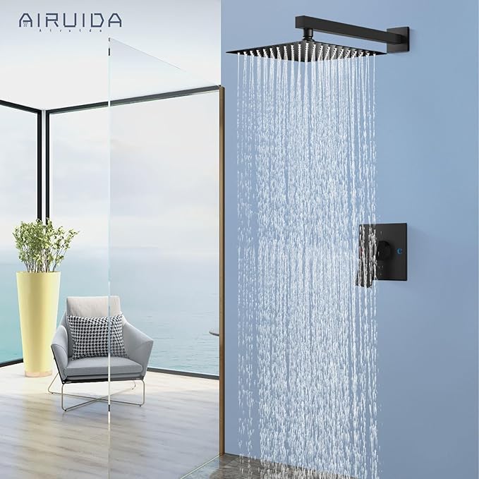 Airuida Shower Faucet Set Bathroom Rain Shower System SUS304 Stainless Steel Single Handle With Male Threads Rough-in Valve Shower Trim Kit 10 Inch Wall Mount Shower Head Matte Black
