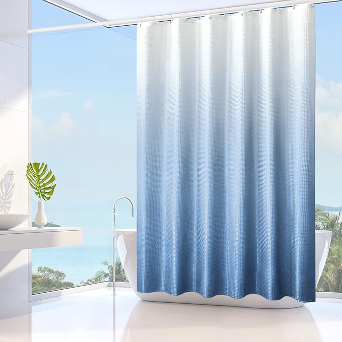 Gibelle Small Stall Shower Curtain 36 x 72, Narrow Blue Ombre Shower Curtain for Bathroom, Waffle Weave Fabric Shower Curtain Set with Hooks, Water Repellent, Machine Washable