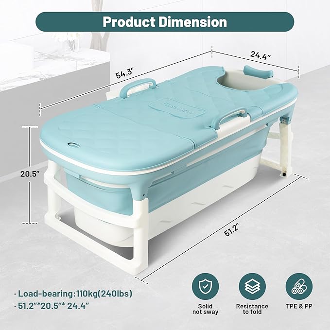 biosp 54'' Portable Bathtub for Adult, Foldable Collapsible Bathtub with 3 lids, Outdoor Hot Tub, Large Thicken Tub for Ice Bath, Home Sauna, Sweat Steaming, Spa Barrel, Shower