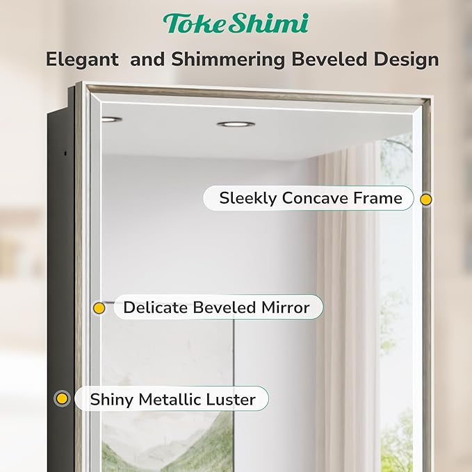 TokeShimi 16x24 Beveled Mirrored Medicine Cabinet Wall Mounted or Recessed Medicine Cabinet with Mirror for Bathroom Brushed Nickel, Aluminum Framed Metal Mirror with Storage Adjustable