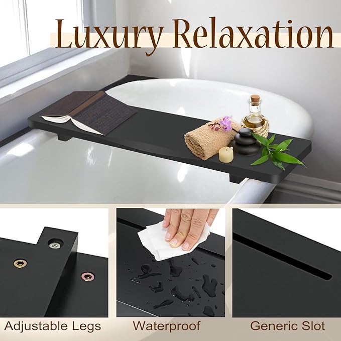 Stylish Black Bamboo Bathtub Tray Caddy with Adjustable Legs, Minimalistic Design Bath Tray for Tub, Bathtub Accessories, Fits Most Standard Bath Tubs, Idea for Women