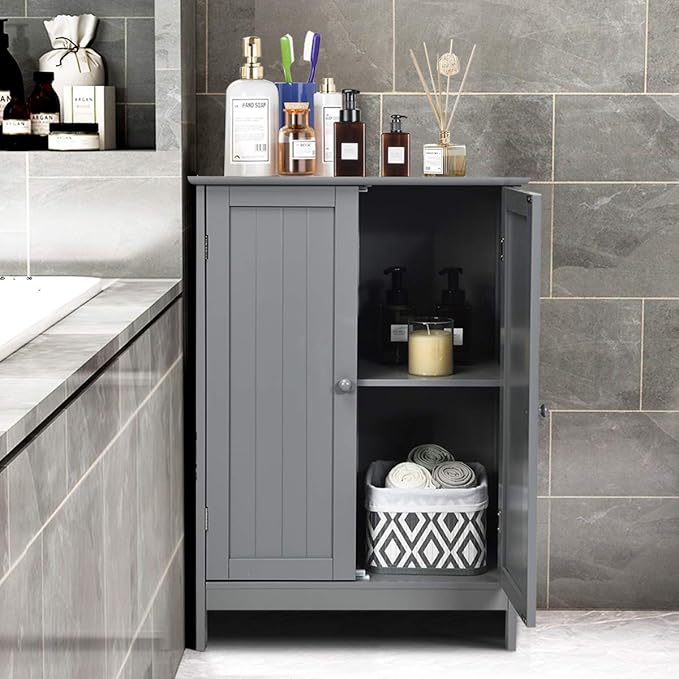 Tangkula Freestanding Storage Cabinet with Double Doors and Shelf, Modern Home Furniture, Wooden Organizer for Living Room and Bathroom, Grey