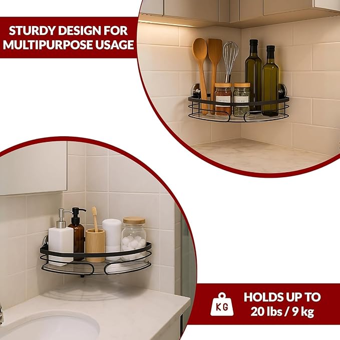 2-Pack Corner Shower Caddy – Rust-Resistant Wall-Mounted Bathroom Organizer with Included No-Drill Adhesives for Shampoo, Soap & Toiletries - Black (1-Layer, Triangle)