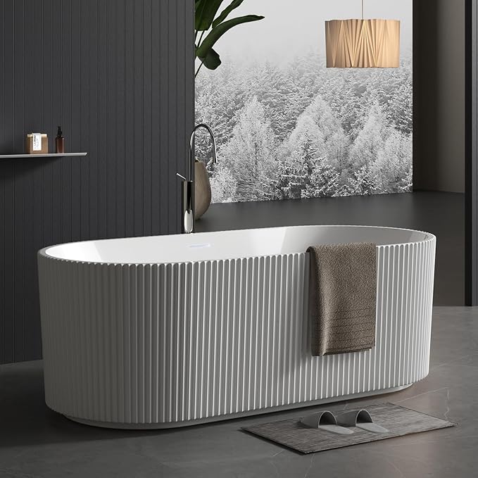 Freestanding Bathtub 67 Inch Acrylic Soaking Tub – Contemporary Stripe Design Free Standing Tub with Pop-Up Drain & Overflow, Elegant Freestanding Bathtub for Bathroom Upgrade
