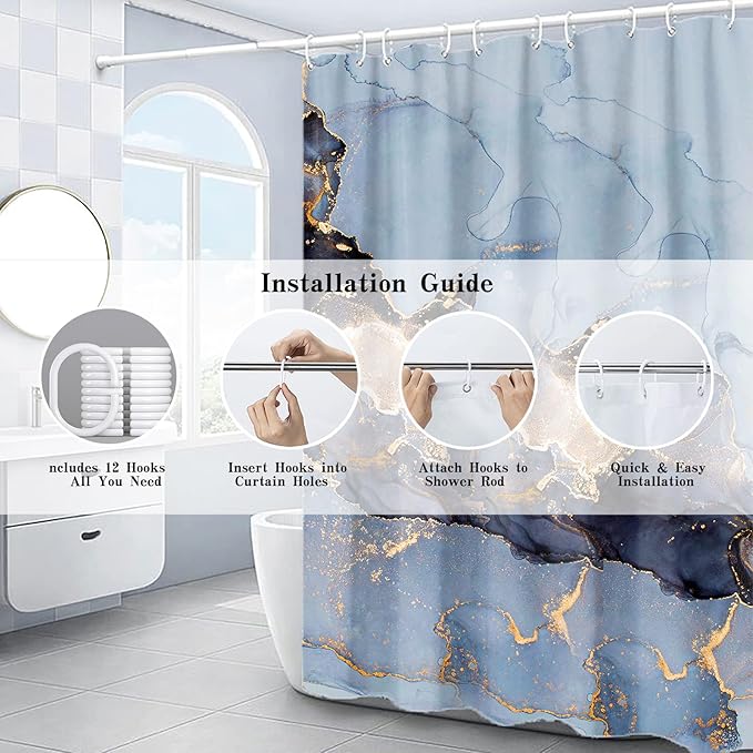 Domoku Blue Marble Shower Curtain 72x72 – Blue and Gold Waterproof Fabric Shower Curtain with Hooks, Abstract Art Bathroom Decor, Machine Washable Curtain for Apartment, Guest Bath