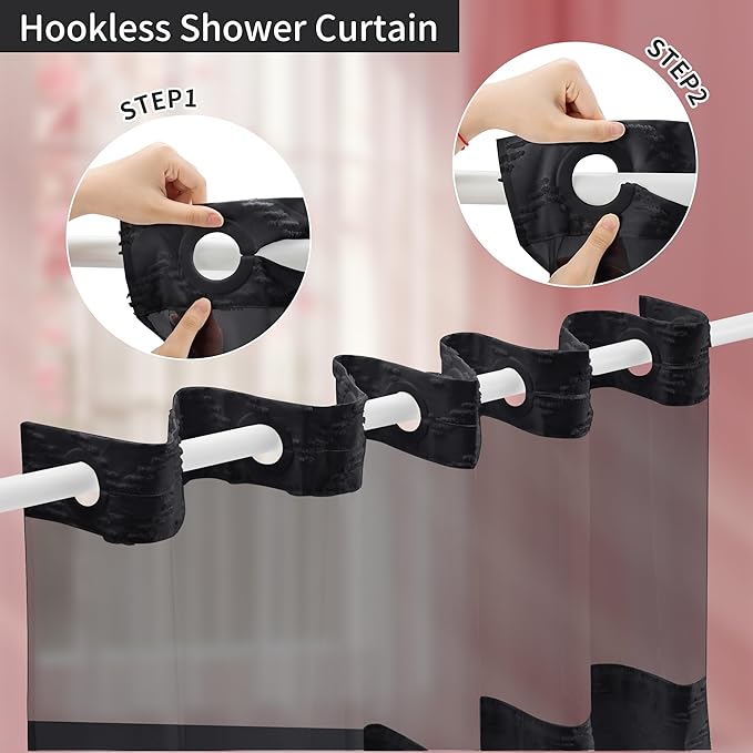 Hookless Shower Curtain with Snap in Liner 71" x 74" Double-Layer Waterproof Polyester Shower Curtain for Bathroom or Hotel Use,Removable Liner,Magnetic Hem,Large Rings,Machine Washable,Black