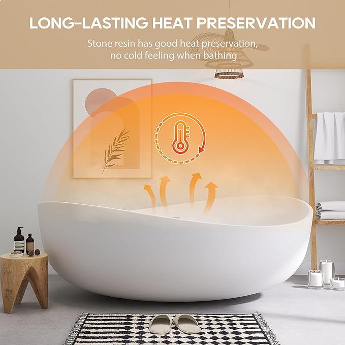 SJ STAR&JANE 71" Solid Surface Freestanding Bathtub, Oval Soaking Stone Resin Tub Couple Tub with Overflow and Pop-up Drain for Modern Bathrooms