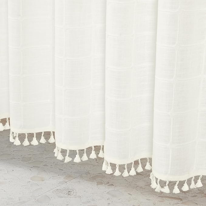 MitoVilla No Hooks Needed Boho Farmhouse Shower Curtain with Snap-in Liner, Cotton Linen Fabric Shower Curtains with Tassels for Rustic Neutral Bathroom Decor, Ivory, 72 x 74