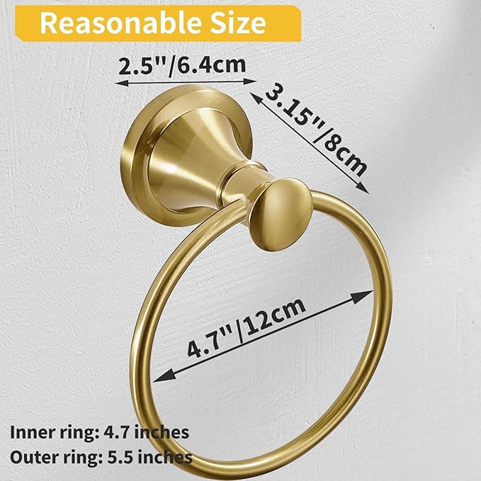 BESy Brushed Gold Bathroom Hand Towel Ring Towel Holder, Rustproof Wall Mounted Bathroom Hardware Accessory SUS 304 Stainless Steel Towel Rack
