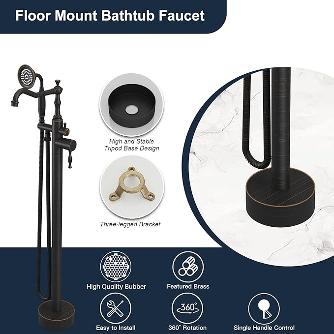 Oil Rubbed Bronze Standing Bathtub Faucet Freestanding Tub Filler High Pressure Single Handle Bathtub Filler Floor Mounted Brass Bathroom Stand Tub Faucets with Handheld Shower