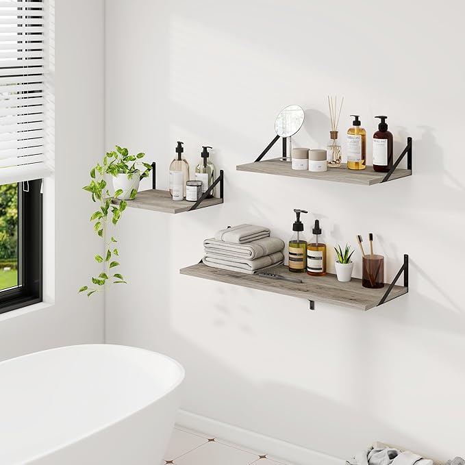 Dreamland Grey Floating Shelves for Wall, Brown Wood Wall Mounted Shelves, Large Floating Shelf 12 * 16 inch Set of 2 for Bookshelf Living Room Bedroom Home Office Bathroom