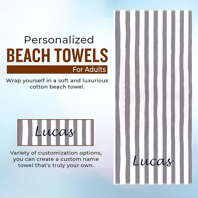 Personalized Passion Beach Towels for Adults - Custom Pool Towels with Name - Highly Absorbent Cotton - Striped Design for Women & Men - Large 70x30 Bath Sheet for Hotel, Swim & Camping - Grey