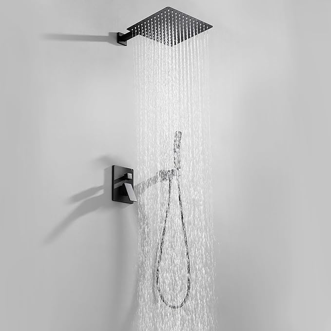 WELLFOR Matte Black 10-in Wall Mounted Shower Faucet Set with 2-way Diverter & Pressure-balanced Valve Dual Head Built-In Shower Faucet System, 2.5 GPM, Bathroom Shower Faucets Sets Complete