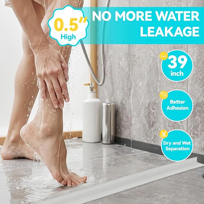 Shower Threshold Water Dam Barrier 39", Silicone Sealant Included, Collapsible Self-Adhesive Water Blocker, Shower Door Water Stopper for Floor Bathroom Kitchen Bathtub Sink