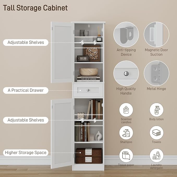67" H Tall Bathroom Cabinet, Narrow Storage Cabinet with 2 Barn Doors and 1 Drawer, Freestanding Floor Cabinets with 6 Shelves for Bathroom, Living Room, Kitchen, White