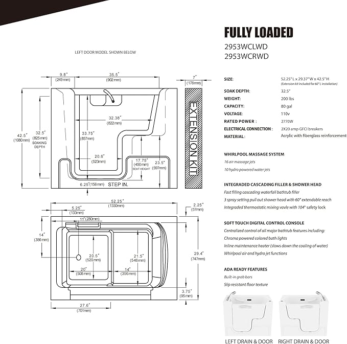 ANZZI Walk In Tub for Seniors 29"x53" Left Drain ADA Wheelchair Accessible - 30 Therapeutic Jets, Quick Fill Faucet, Aromatherapy, Chromatherapy - Compact Design | 2953WCLWD