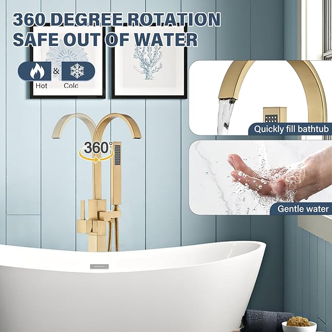 Freestanding Bathtub Faucet Floor Mounted Tub Filler Brushed Gold Single Handle 360 Swivel Standing Spout High Flow Brass Bath Tub Faucets Set