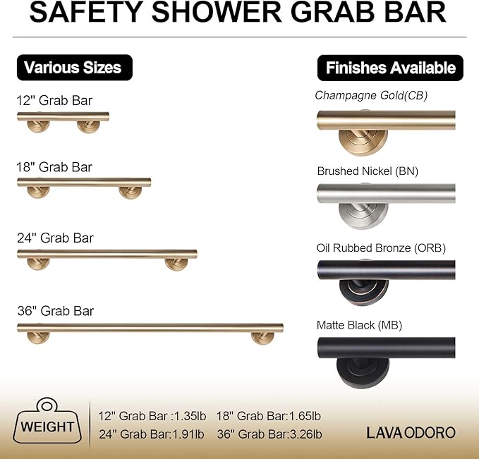Lava Odoro Shower Grab Bar, Modern Stainless Steel Handicap Grab Bar for Bathtubs and Showers, Shower Safety Bar for Seniors Disabled, ADA-Compliant (Champagne Gold, 12 Inch)