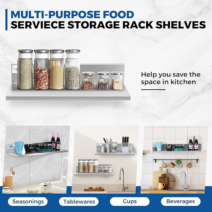 Profeeshaw Stainless Steel Shelf Wall Mounted Commercial Stainless Steel Shelves 8.6 * 16 Inch 44lb Heavy Duty Commercial Kitchen Shelf for Restaurant, Bar, Utility Room, Kitchen and Garage